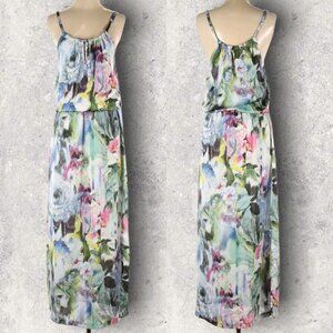 Vintage Floral Maxi Dress Size P or XS Elastic‎ Waist Bohemian Rhosy Costa Boho